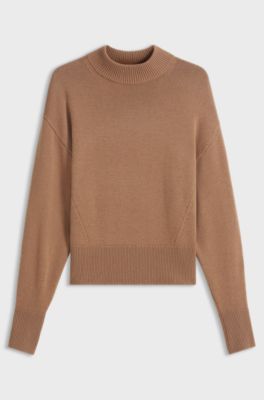 Relaxed-fit knitted sweater with mock neckline, Light Brown