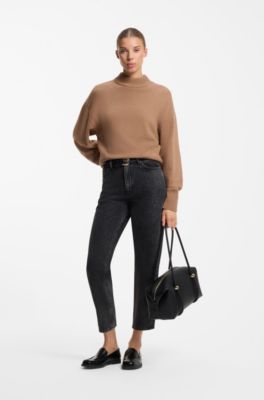 Relaxed-fit knitted sweater with mock neckline, Light Brown
