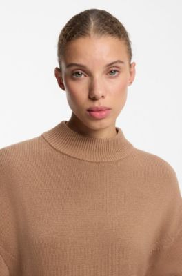 Relaxed-fit knitted sweater with mock neckline, Light Brown