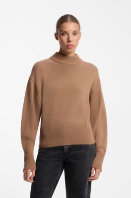 Relaxed-fit knitted sweater with mock neckline, Light Brown