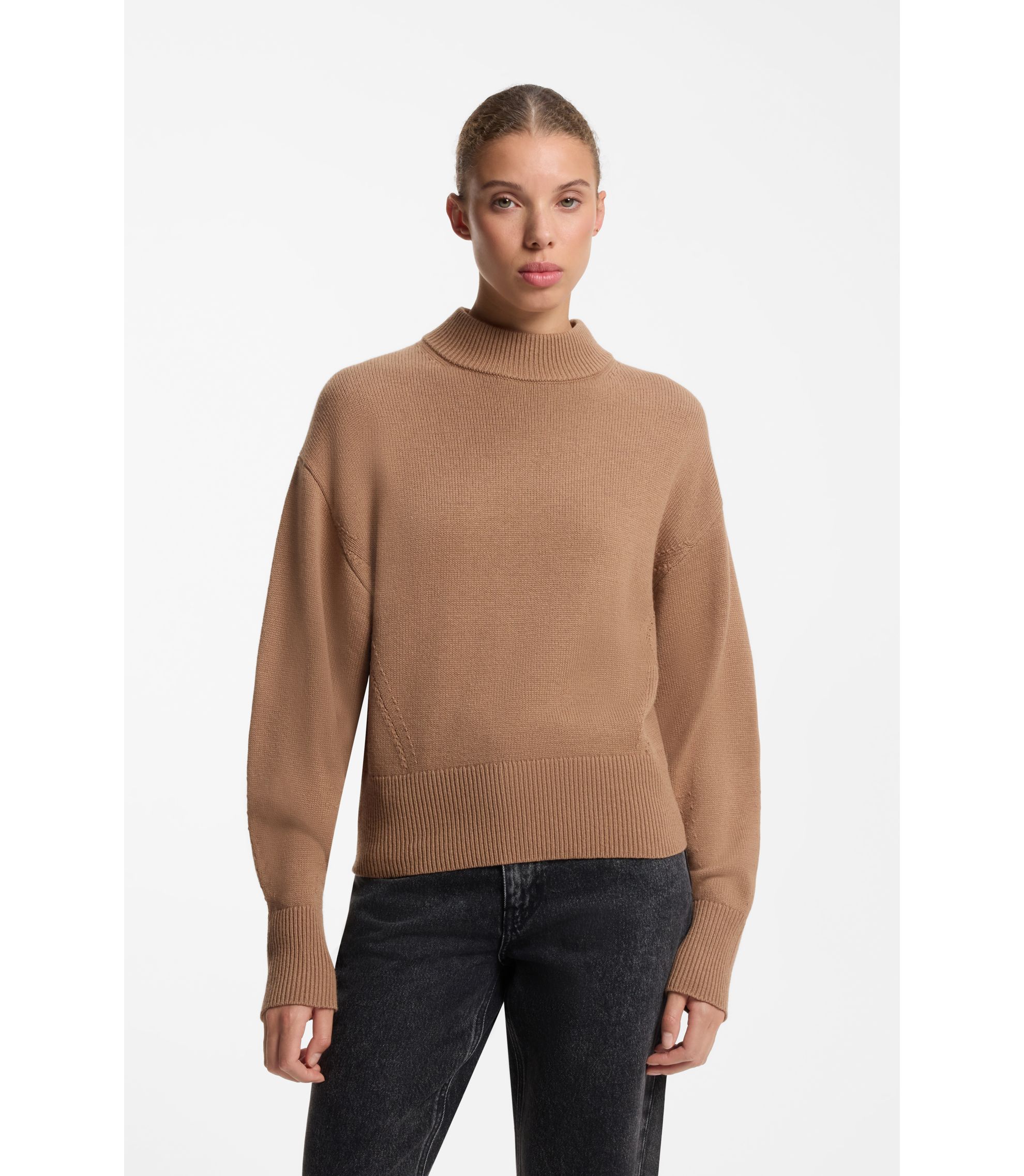 HUGO - Relaxed-fit knitted sweater with mock neckline - Light Brown