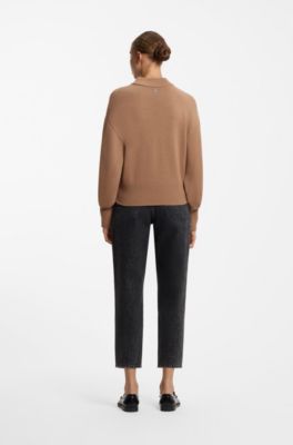 Relaxed-fit knitted sweater with mock neckline, Light Brown