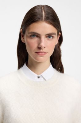Herringbone-knit sweater with stacked-logo rivet, Natural