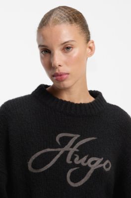 Oversize-fit alpaca-blend sweater with script logo, Nero