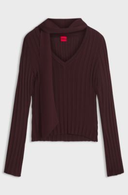 V-neck sweater with detachable scarf, Dark Brown