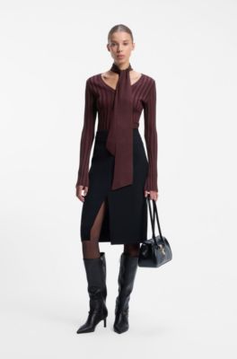 V-neck sweater with detachable scarf, Dark Brown