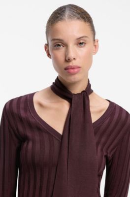 V-neck sweater with detachable scarf, Dark Brown