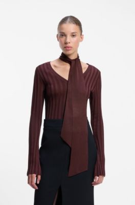V-neck sweater with detachable scarf, Dark Brown