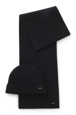 Beanie hat and scarf set in wool and cashmere, Black