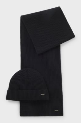 Beanie hat and scarf set in wool and cashmere, Black