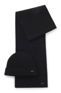 Beanie hat and scarf set in wool and cashmere, Black