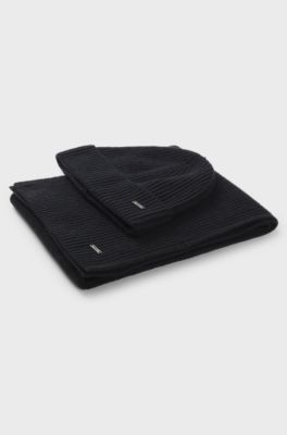 Beanie hat and scarf set in wool and cashmere, Black