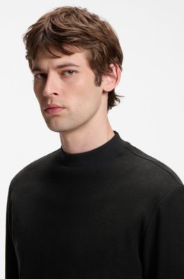 Long-sleeved T-shirt in cotton with mock neckline, Black