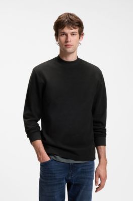 Long-sleeved T-shirt in cotton with mock neckline, Black