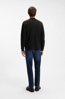Long-sleeved T-shirt in cotton with mock neckline, Black