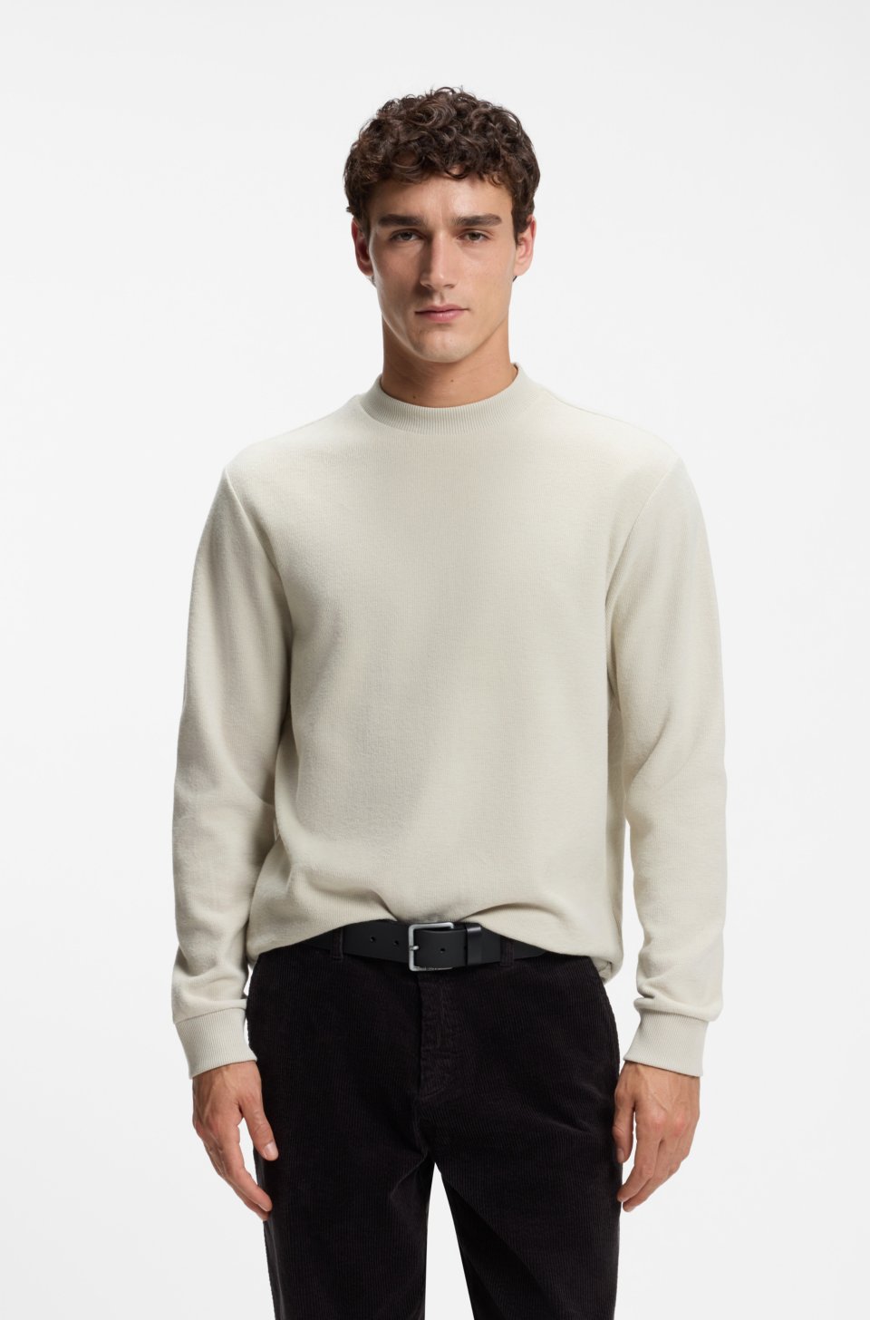 Long-sleeved T-shirt in cotton with mock neckline