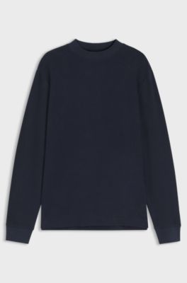 Long-sleeved T-shirt in cotton with mock neckline, Dark Blue
