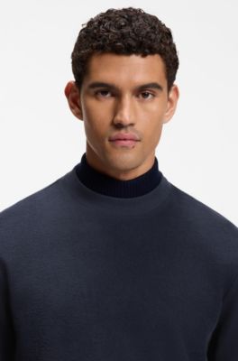 Long-sleeved T-shirt in cotton with mock neckline, Dark Blue
