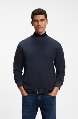 Long-sleeved T-shirt in cotton with mock neckline, Dark Blue