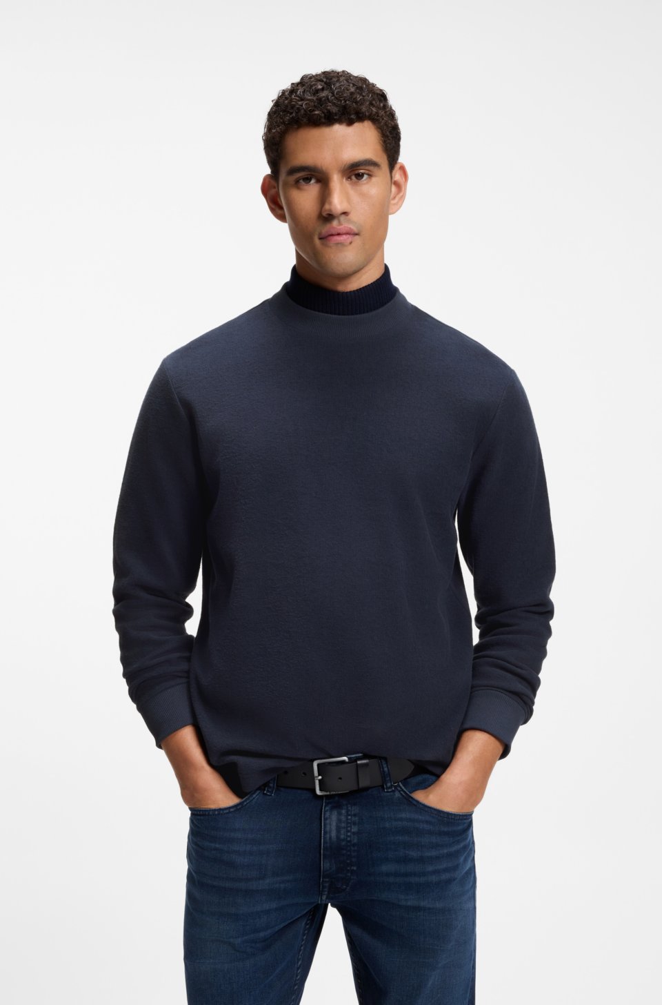Long-sleeved T-shirt in cotton with mock neckline