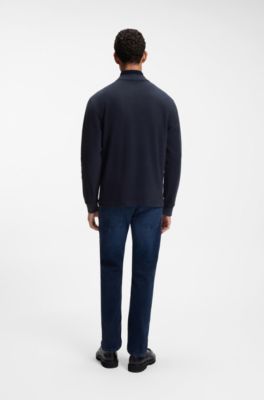 Long-sleeved T-shirt in cotton with mock neckline, Dark Blue