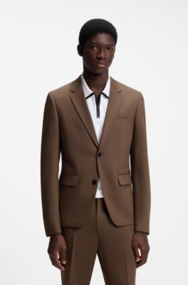 Abito slim fit in twill elasticizzato ad alte prestazioni a due pezzi, Marrone
