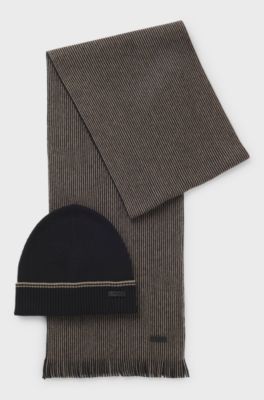 Ribbed hat and striped scarf set, Black