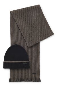 Ribbed hat and striped scarf set, Black