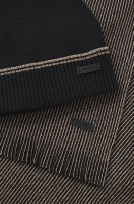 Ribbed hat and striped scarf set, Black