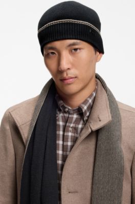 Ribbed hat and striped scarf set, Black