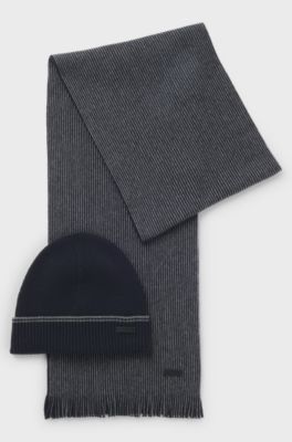 Ribbed hat and striped scarf set, Dark Blue