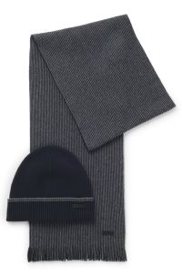 Ribbed hat and striped scarf set, Dark Blue