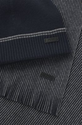 Ribbed hat and striped scarf set, Dark Blue