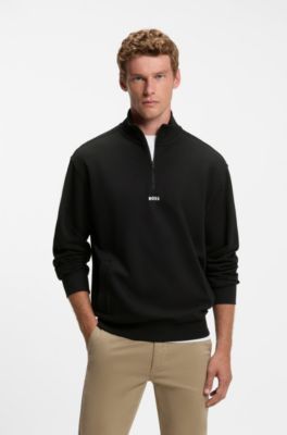 Cotton-terry sweatshirt with quarter zip, Black