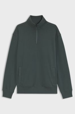 Cotton-terry sweatshirt with quarter zip, Dark Green
