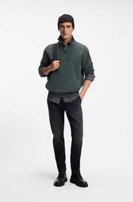 Cotton-terry sweatshirt with quarter zip, Dark Green