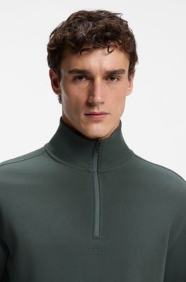 Cotton-terry sweatshirt with quarter zip, Dark Green