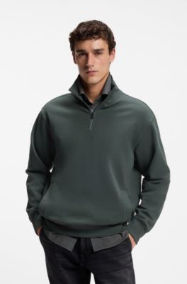 Cotton-terry sweatshirt with quarter zip, Dark Green