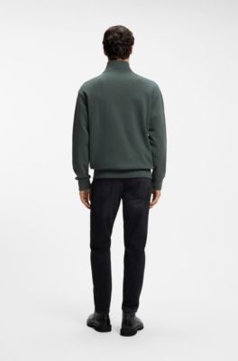Cotton-terry sweatshirt with quarter zip, Dark Green
