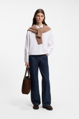 Wide-leg jeans in dark-blue cotton denim, Dark Blue