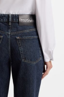 Wide-leg jeans in dark-blue cotton denim, Dark Blue