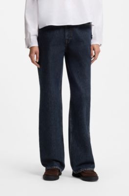Wide-leg jeans in dark-blue cotton denim, Dark Blue