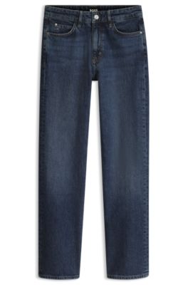Straight-fit jeans in marble-washed blue stretch denim, Dark Blue