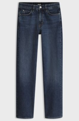 Straight-fit jeans in marble-washed blue stretch denim, Dark Blue
