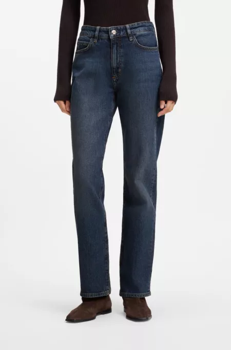 Jean droit en denim stretch bleu à délavage marbré
