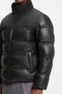 Padded leather jacket with a contrast yoke, Black