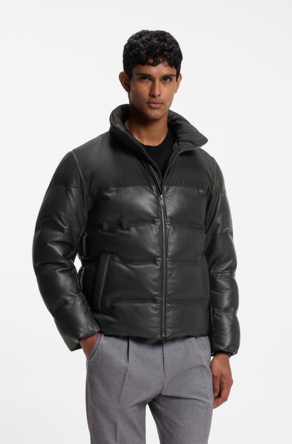 Padded leather jacket with a contrast yoke