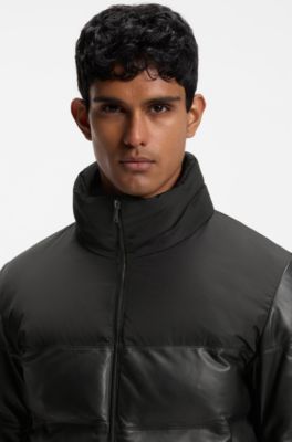 Padded leather jacket with a contrast yoke, Black