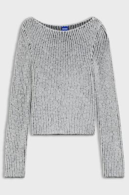 Boat-neck sweater with textured two-tone ribbing, Grey