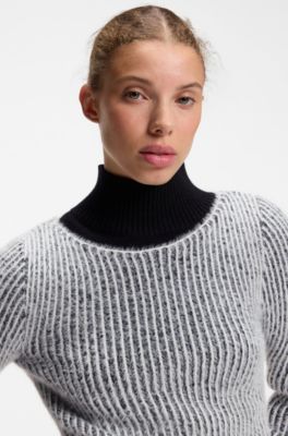 Boat-neck sweater with textured two-tone ribbing, Grey